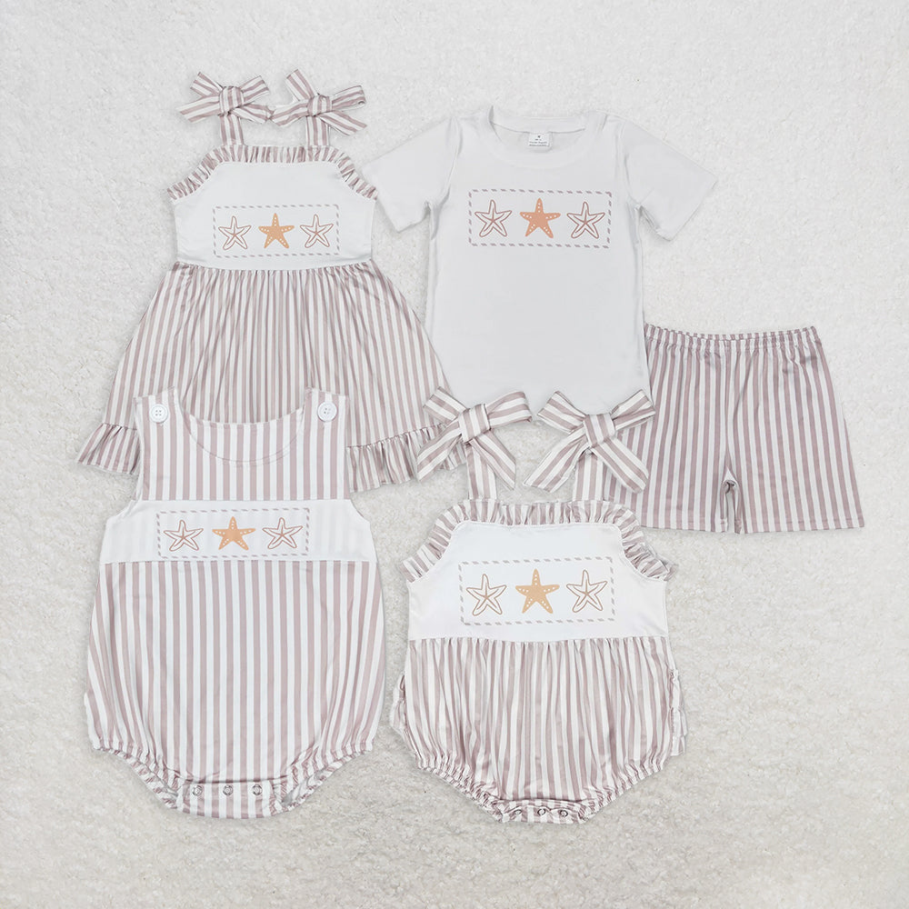 7.14 RTS NO MOQ White starfish top stripe shorts boys and girls dress rompers summer outfits