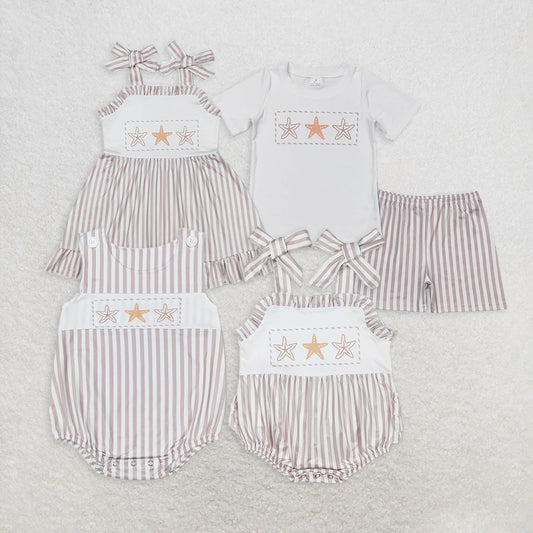 7.14 RTS NO MOQ White starfish top stripe shorts boys and girls dress rompers summer outfits