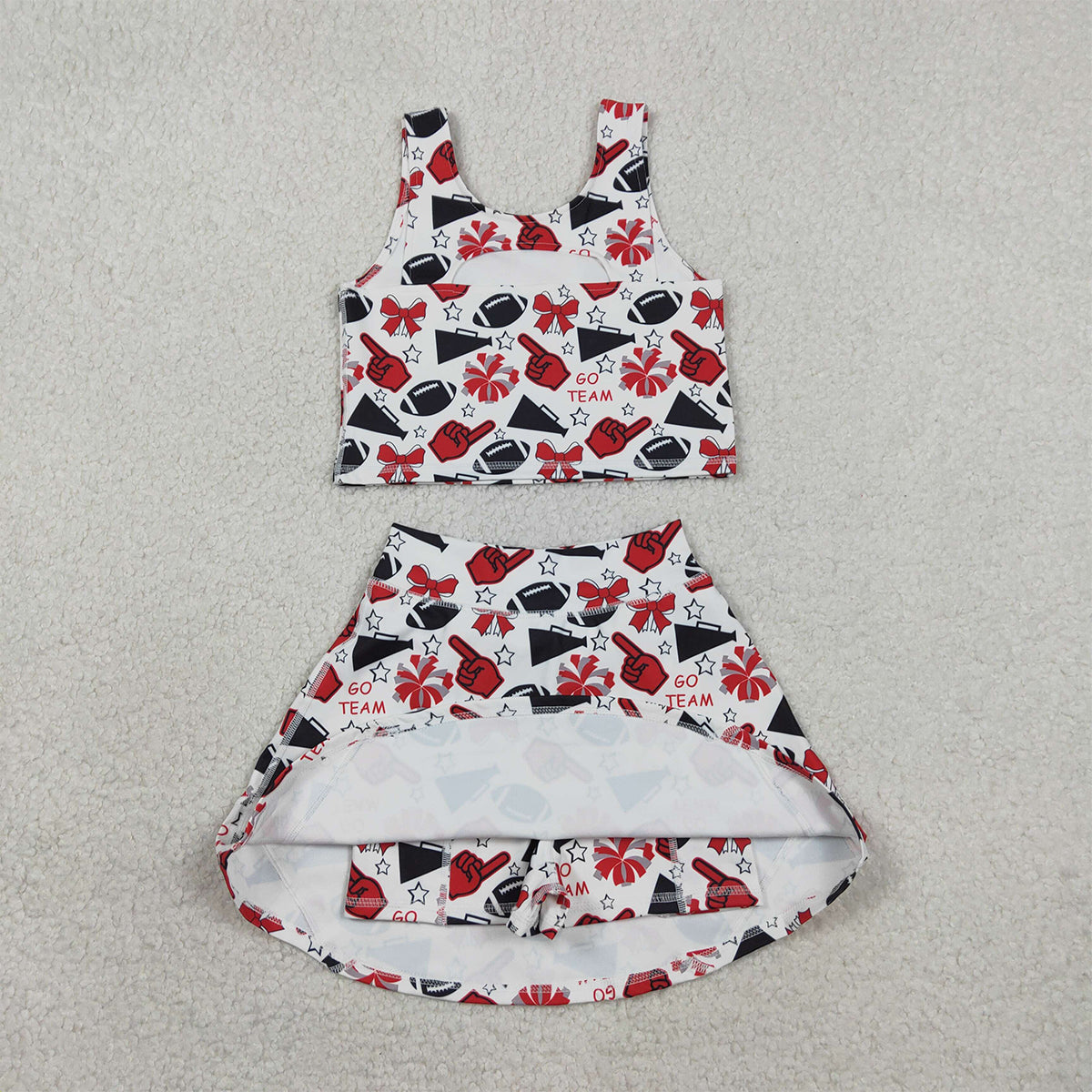 2.3 RTS NO MOQ （In stock）GSD2693 Baby Girls Team Red Football Bows Vest Top Short Skirts Yoga Sets