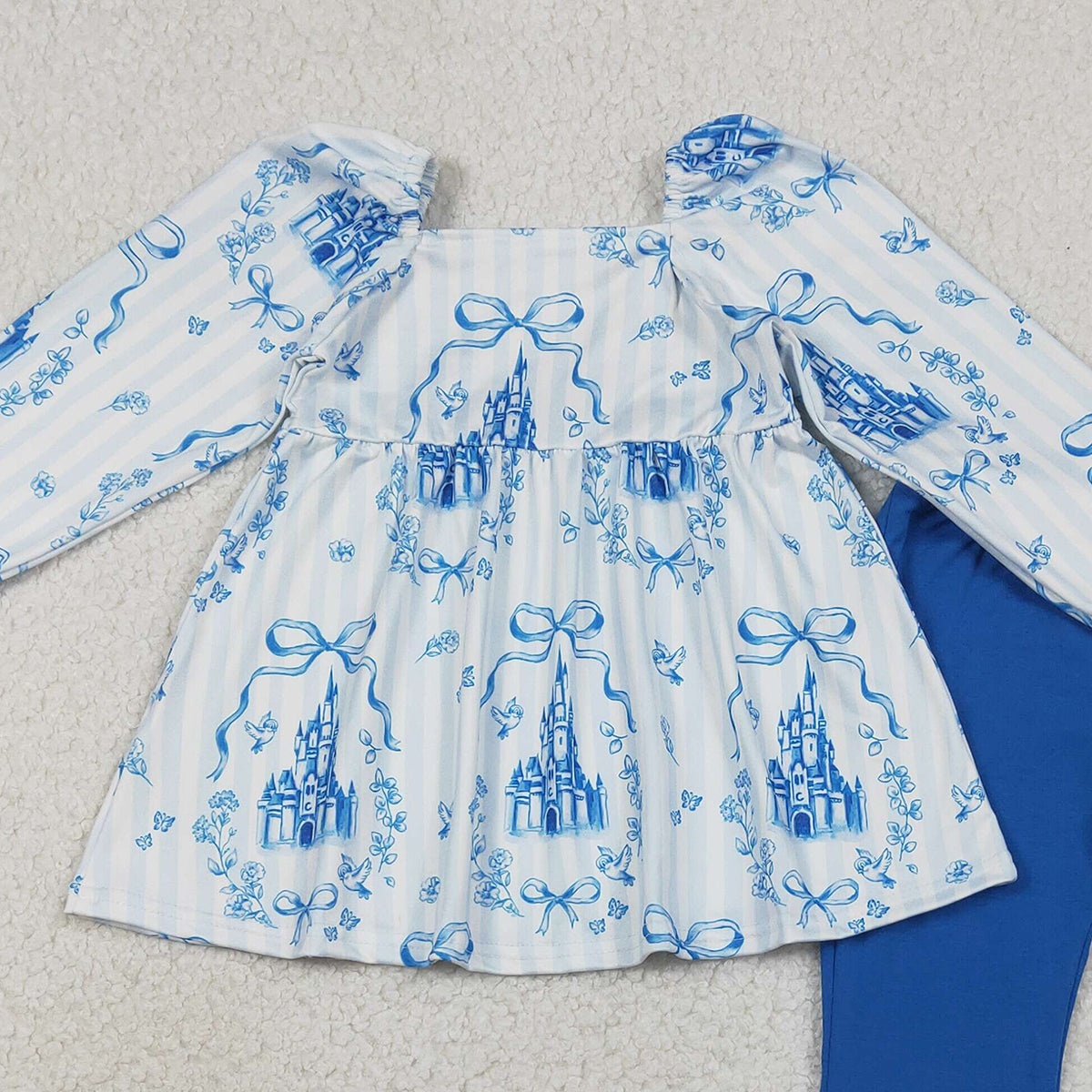 1.14 RTS NO MOQ （In stock）GLP3283 Baby Girls Blue Stripe Bows Castles Tunic Bell Bottom Pants Clothes Sets