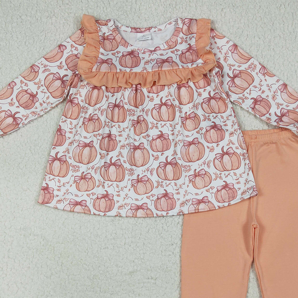 RTS NO MOQ （In stock） GLP2452  Baby Girls Winter Outfits Baby Girls Fall Bow Pumpkins Tunic Ruffle Pants Clothes Sets
