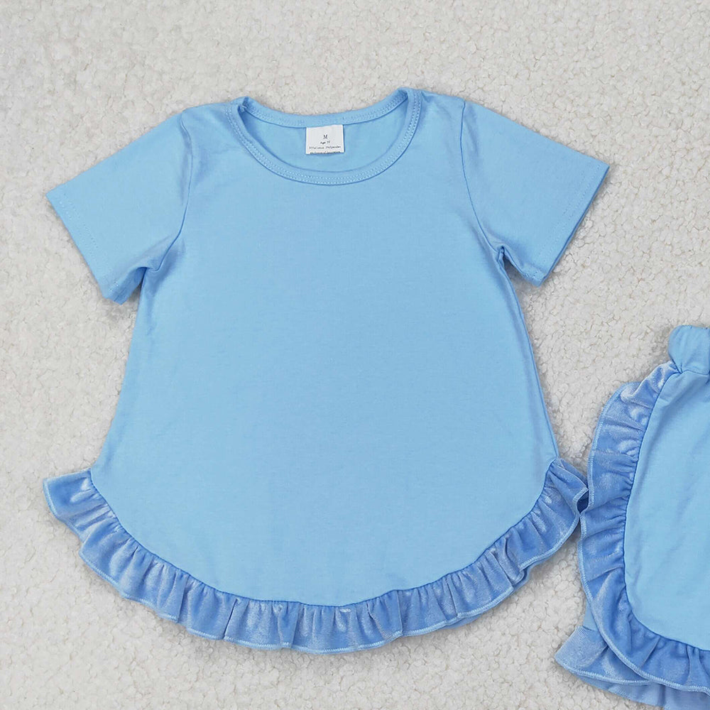 4.30 GSSO2183 RTS NO MOQ Baby Girls Blue Short Sleeves Tunic Ruffle Short Set