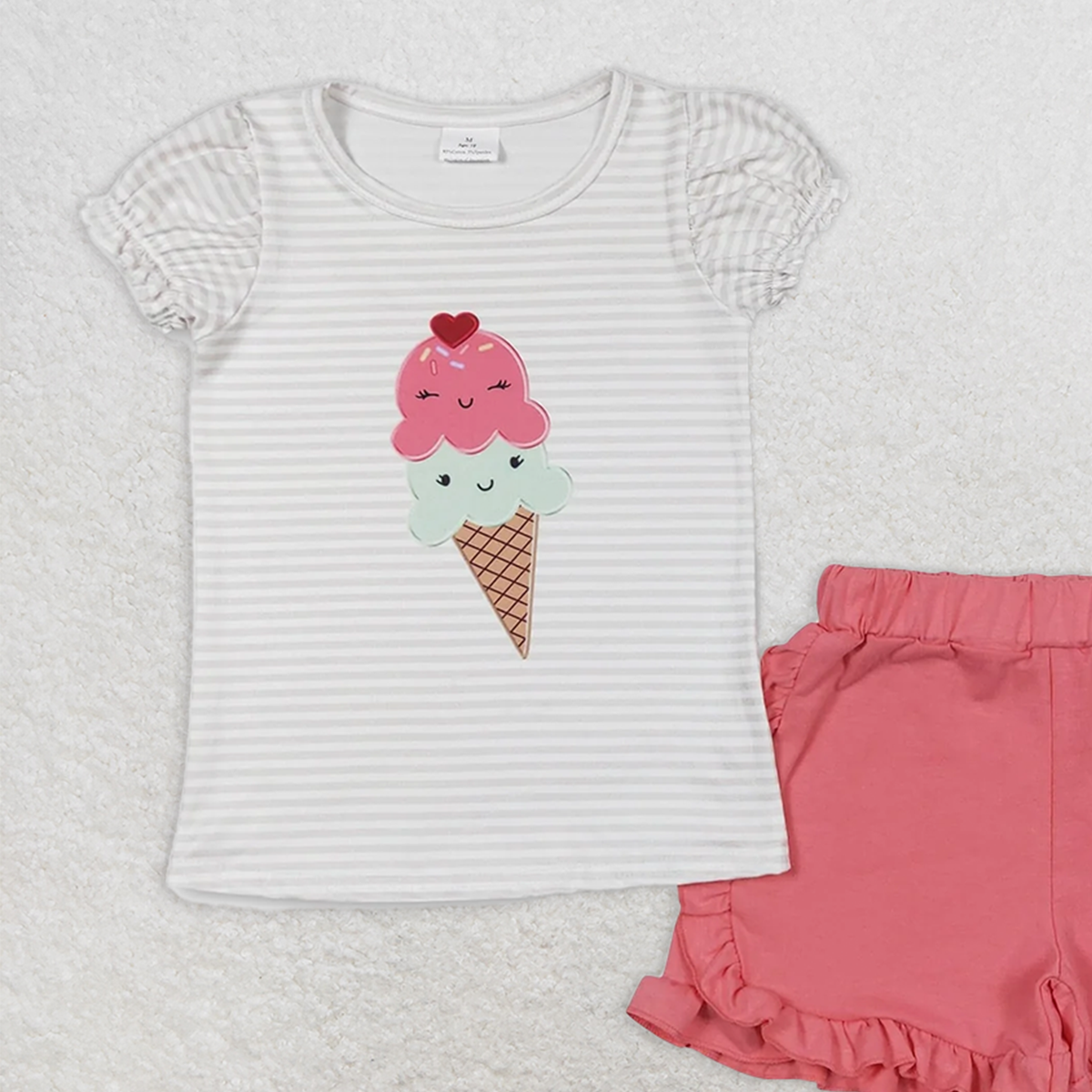 6.21 GSSO0579 RTS NO MOQ Baby Girls Summer Outfits Ice cream striped short-sleeved rose red shorts suit