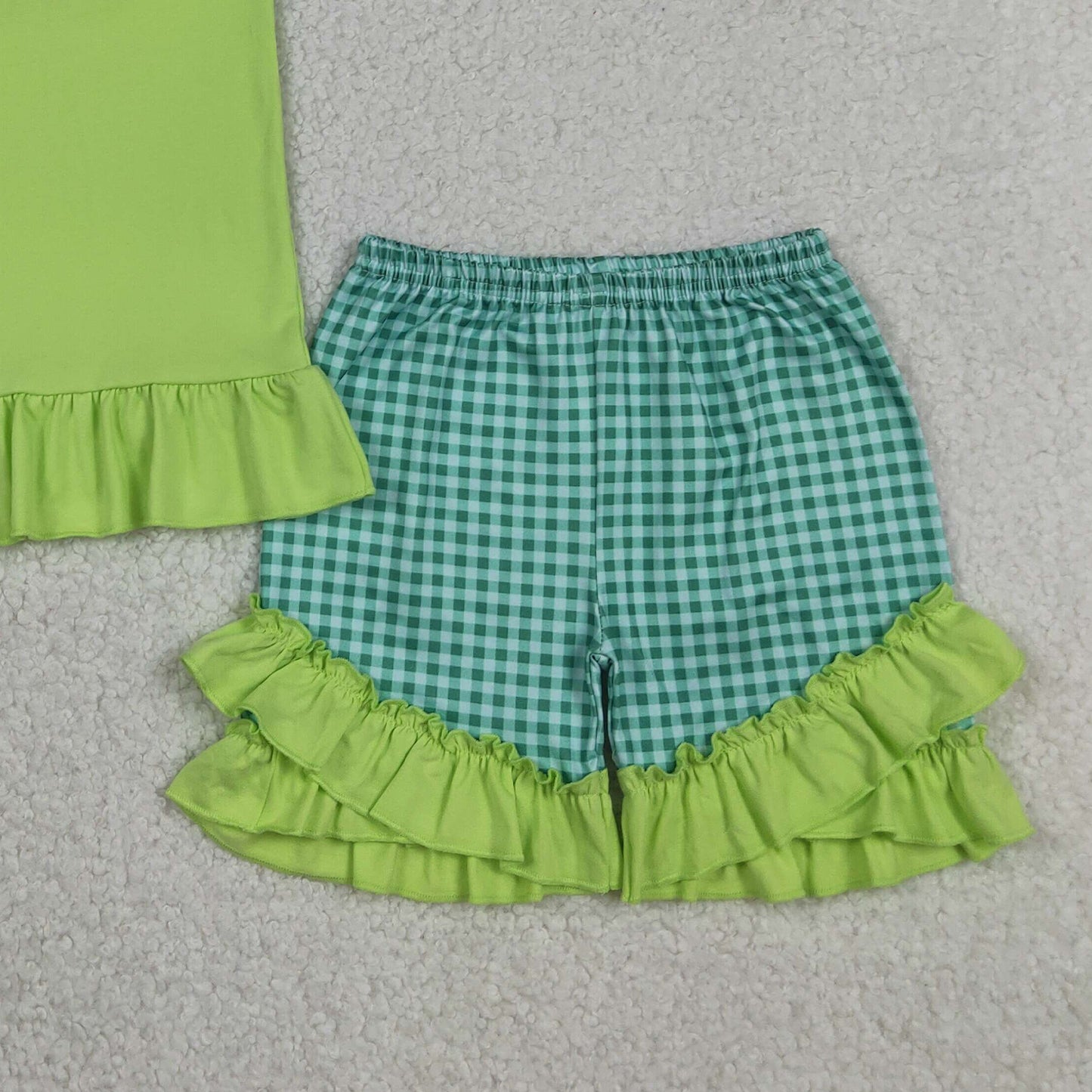 GSSO3033 RTS NO MOQ （In stock ）Short sleeves golf ruffle top plaid shorts girls outfits