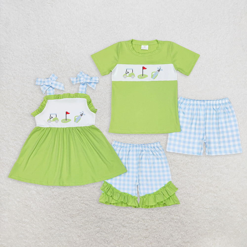 7.22  RTS NO MOQ Short sleeves golf top plaid shorts boys girls clothes