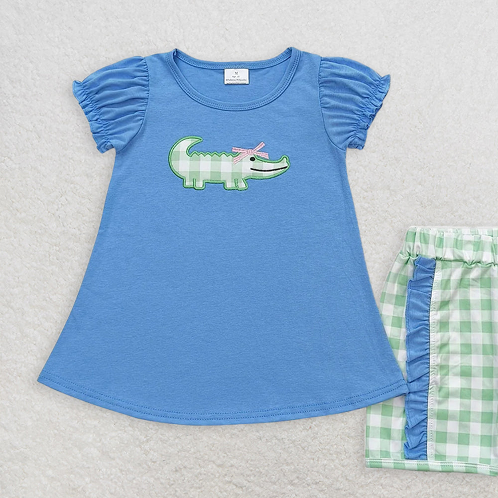 GSSO0850RTS NO MOQ Baby Girls Summer Outfits  Embroidered bow crocodile blue short-sleeved green plaid shorts suit