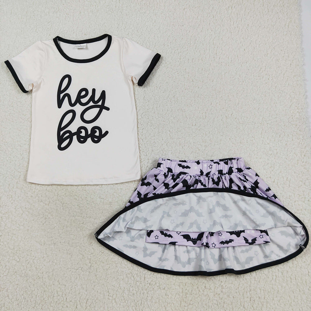 RTS NO MOQ （In stock）GSD2772Baby Girls Skirt Sets Baby Girls Hey Boo Top Bats Plaid Skorts Halloween Clothes Set