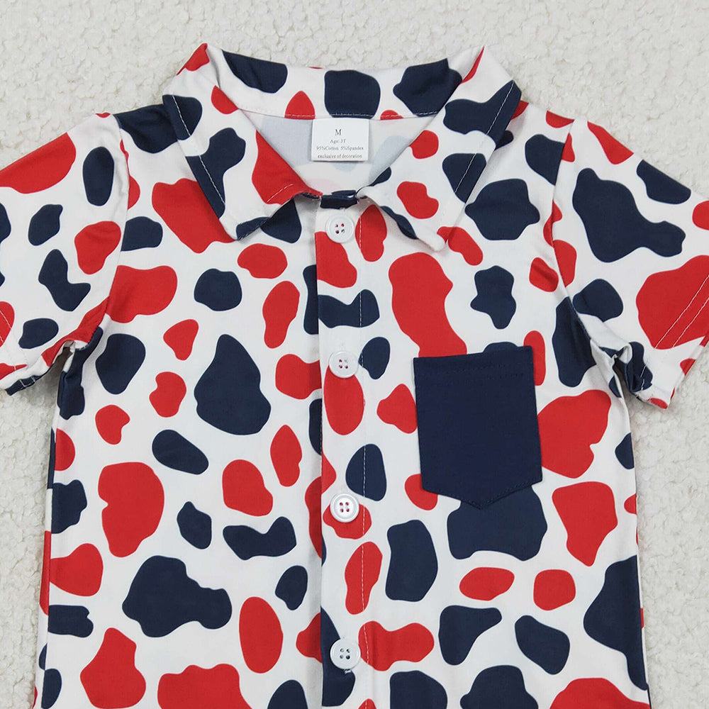 1.28 RTS NO MOQ （In stock）BT1656 Baby Boys Red Blue Cow Print 4th of July Button Pocket Shirts Top