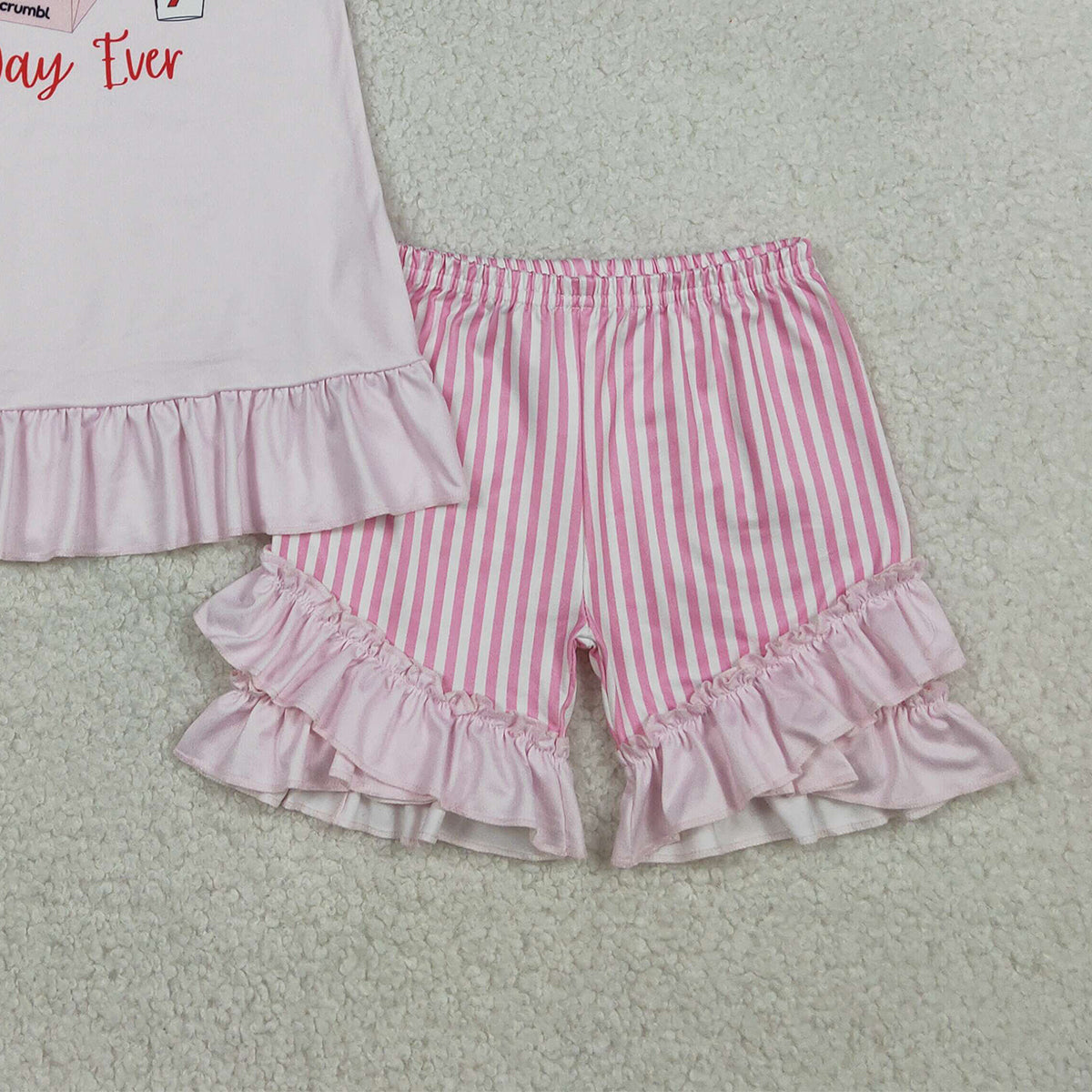 1.21 RTS NO MOQ （In stock）GSSO3008 Baby Girls Best Day Ever Chicken Tunic Stripe Ruffle Shorts Clothes Sets