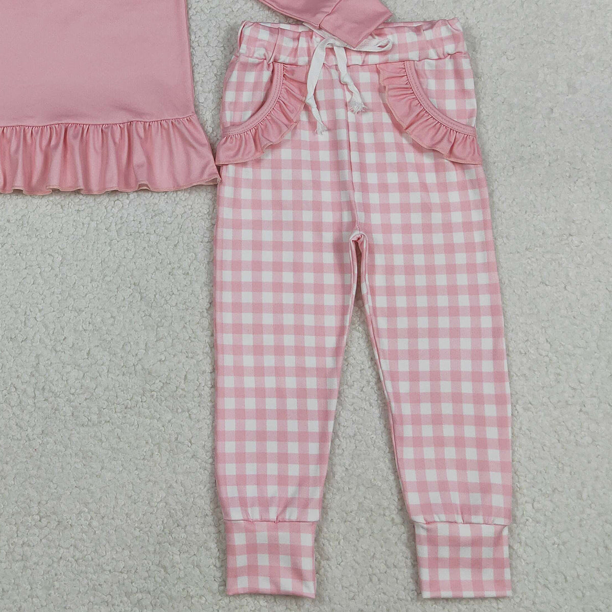 12.4 RTS NO MOQ （In stock）GLP3038 Baby Girls God is Good Ruffle Top Checked Pockets Jogger Pants Clothes Sets
