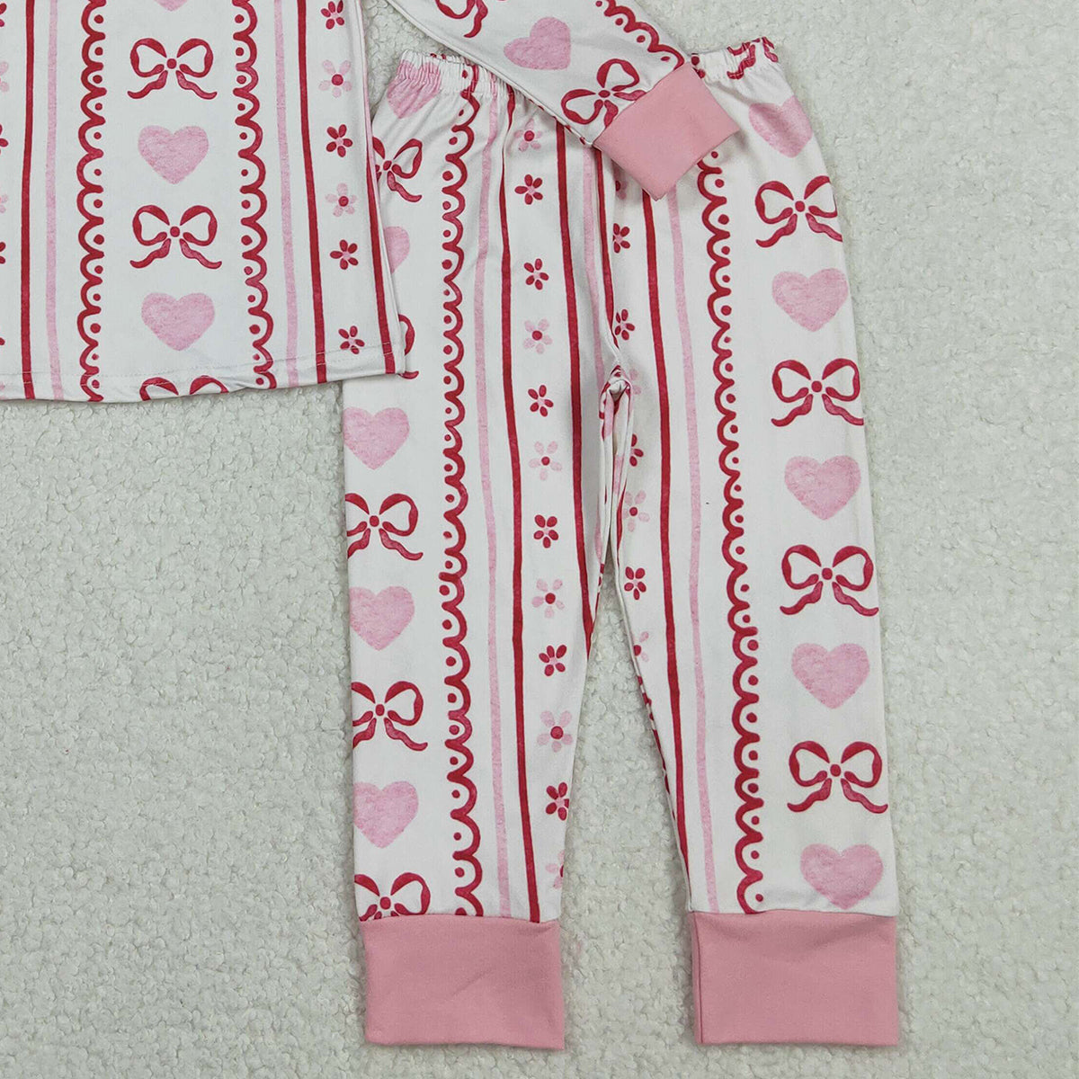 11.7 RTS NO MOQ （In stock）GLP2984 Baby Girls Pink Bows Hearts Stripe Top Pant Valentine Pajamas Sets