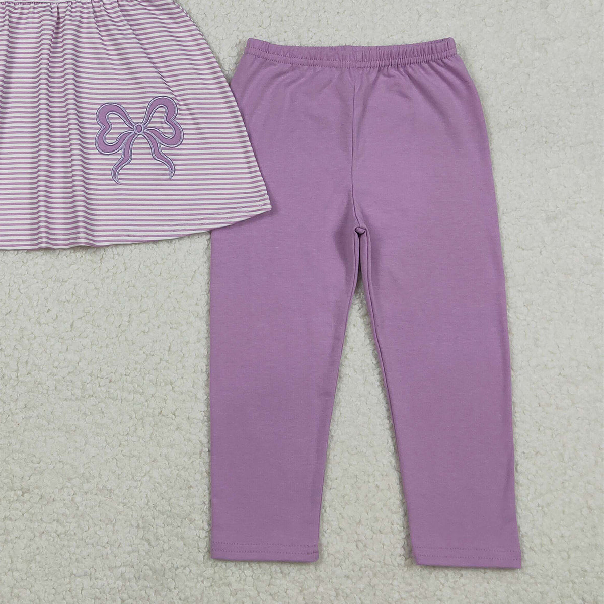 12.9 RTS NO MOQ （In stock）GSPO2153 Embroidery Bows Baby Girls Lavender Stripe Tunic Leggings Pant Clothes Sets