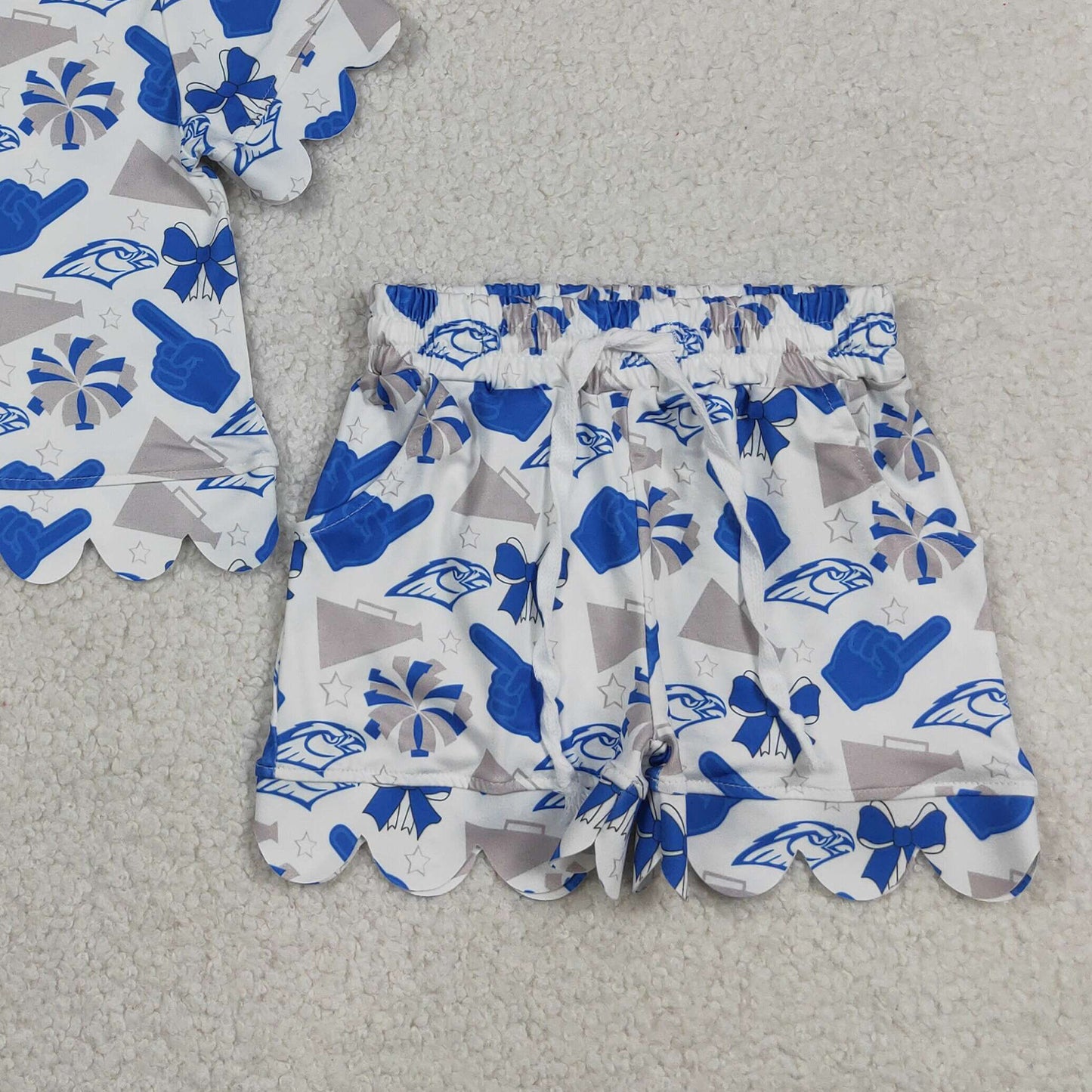 GSSO3408 RTS NO MOQ （In stock ）Short sleeves blue bow scallop top shorts girls team outfits