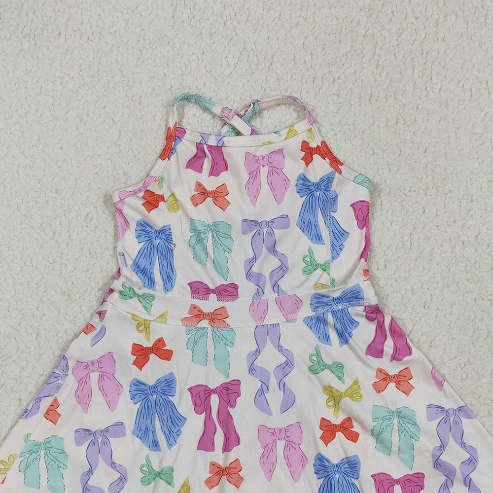 7.16 GSD2291 RTS NO MOQ Baby Girls Summer Yoga Dress Baby Girls Strap Colorful Bows Yoga Ruffle Knee Length Dresses