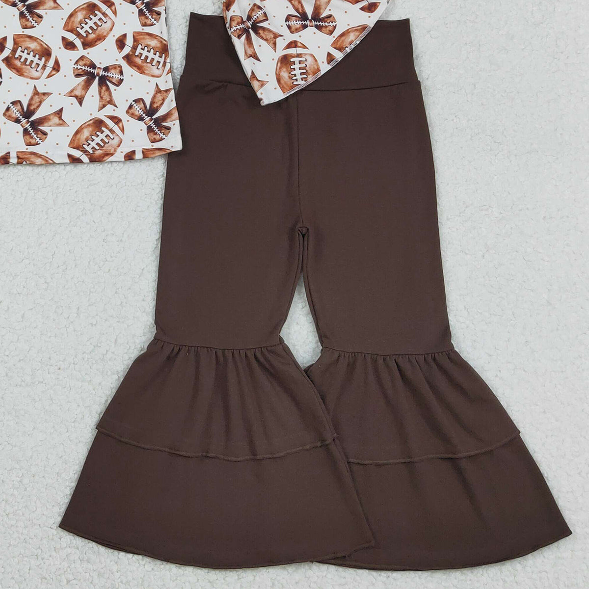 12.5 RTS NO MOQ （In stock）GLP2787 Baby Girls Bell Sleeve Footballs Bows Top Ruffle Bell Bottom Pants Team Clothes Set