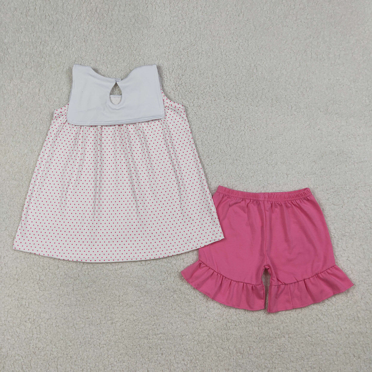 3.20 RTS NO MOQ （In stock）GSSO3019 Kids Clothing for Baby Girls Sleeveless Embroidery Cross Sheep Polka Dots Tunic Ruffle Shorts Clothes Sets