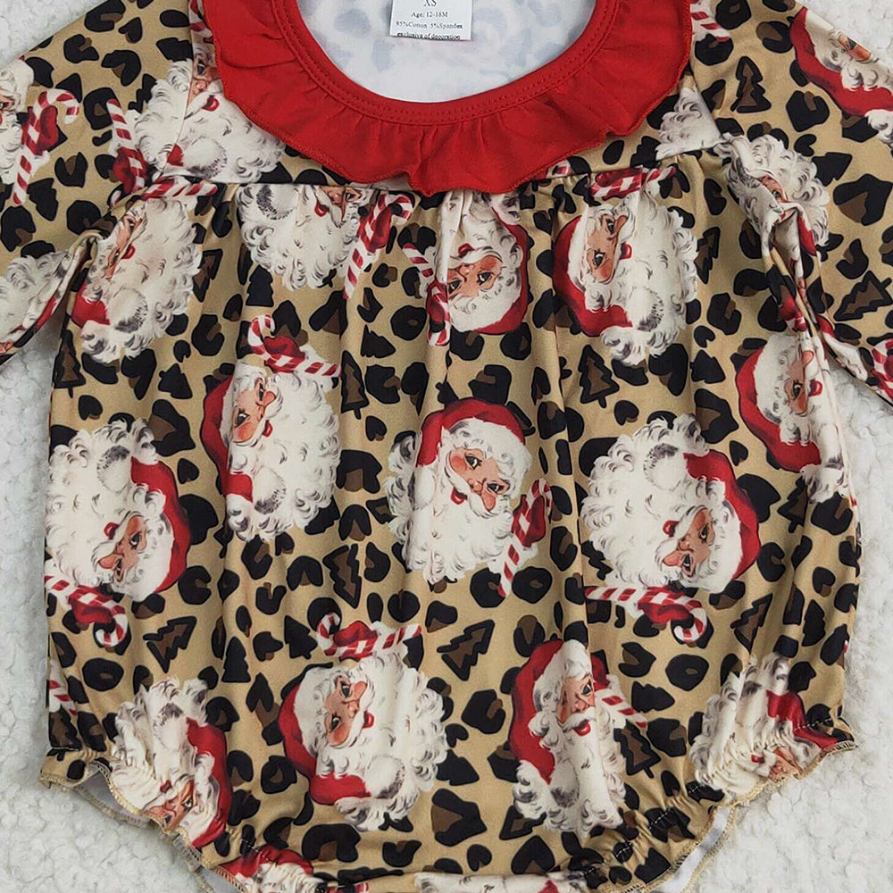 8.13   LR2237 RTS NO MOQ Baby Girls Winter Rompers Baby Girls Long Sleeves Leopard Santa Ruffle Rompers