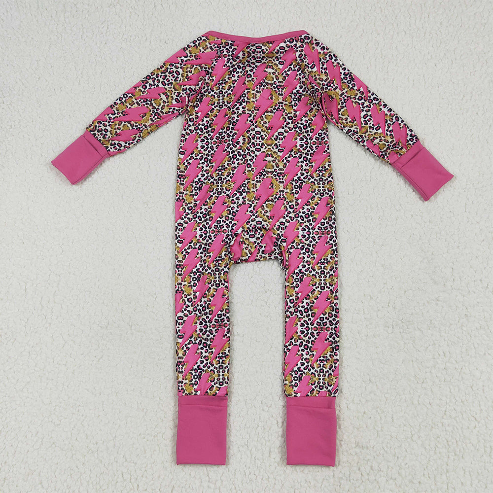 RTS NO MOQ （In stock） LR2250 Baby Girls Winter Rompers Baby Girls Western Pink Lightning Leopard Zipper Rompers