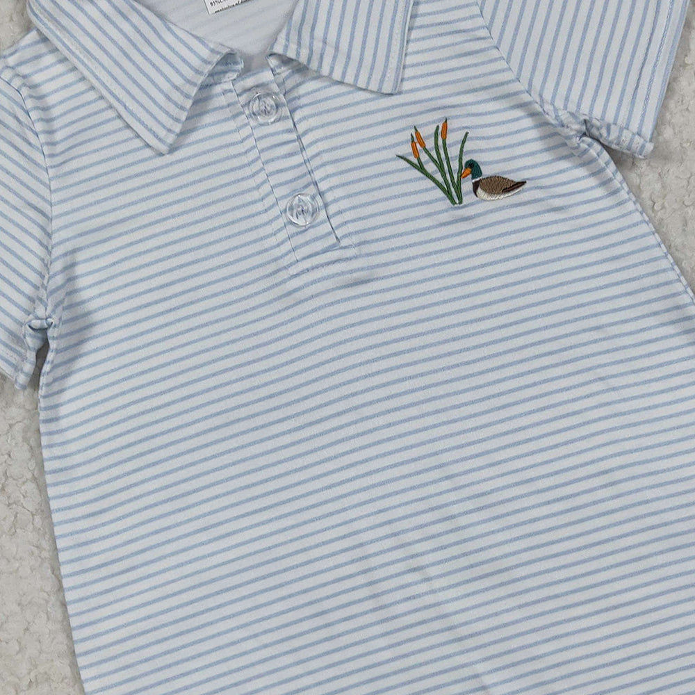 RTS NO MOQ （In stock）SR3149 Baby Boys Summer Rompers Embroidery Baby Boys Blue Stripe Short Sleeves Duck Button Shorts Rompers