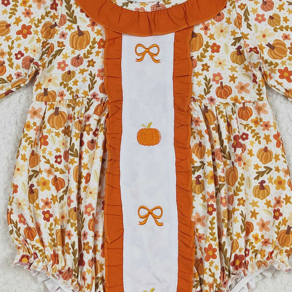 8.16  LR2228 RTS NO MOQ Baby Girls Winter Rompers Embroidery Baby Girls Long Sleeves Bows Pumpkins Floral Ruffle Rompers