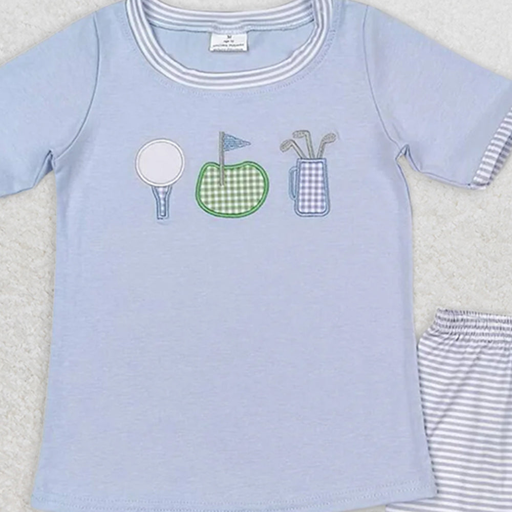 BSSO0686 RTS NO MOQ Baby Boys Summer Boys Outfits Baby Boys Blue Golf Tee Shirt Stripes Shorts Clothes Sets