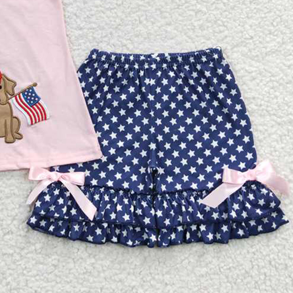GSSO0236Girls Backless Bow Dog Flag Embroidery 4th of July Clothes Fourth of July Outfit Pet Friendly Patriotic Fashion