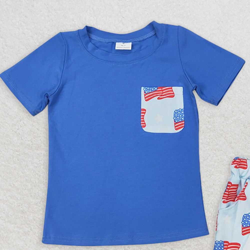 BSSO1258RTS NO MOQ Baby Boys Summer Boys Outfits Baby Boys 4th of July Themed Clothing Set with Flags Pocket Short Sleeve Shirt And Shorts Outfit for Infants