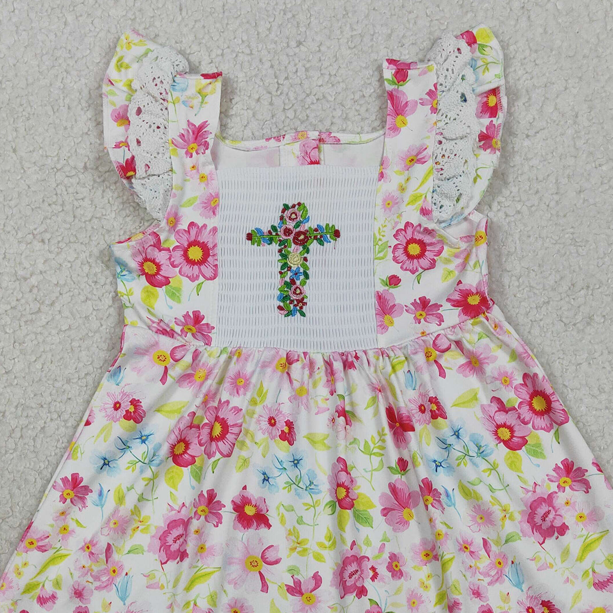 3.31 RTS NO MOQ （In stock）GSD3313 Floral flutter sleeves cross embroidery girls Easter dresses