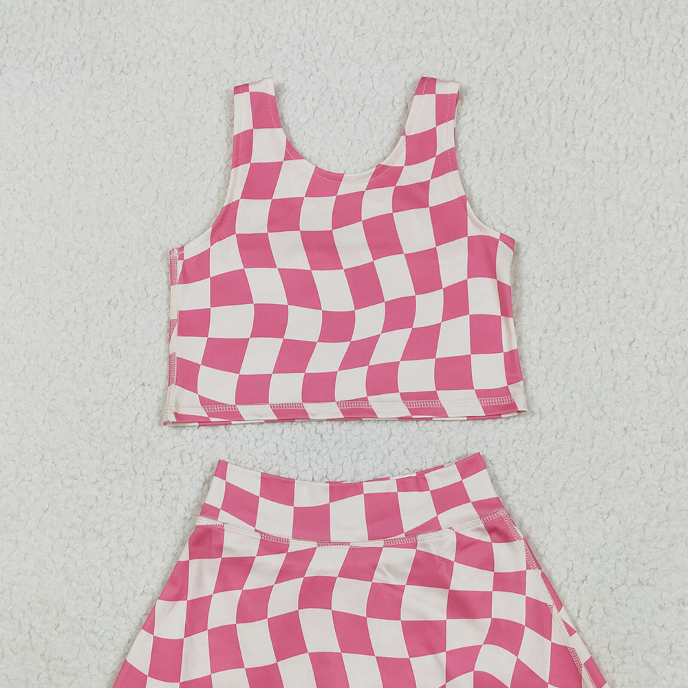4.23 GSD2329 RTS NO MOQ Baby Girls Yoga Outfits Sleeveless pink plaid top skirt kids girls active wear set