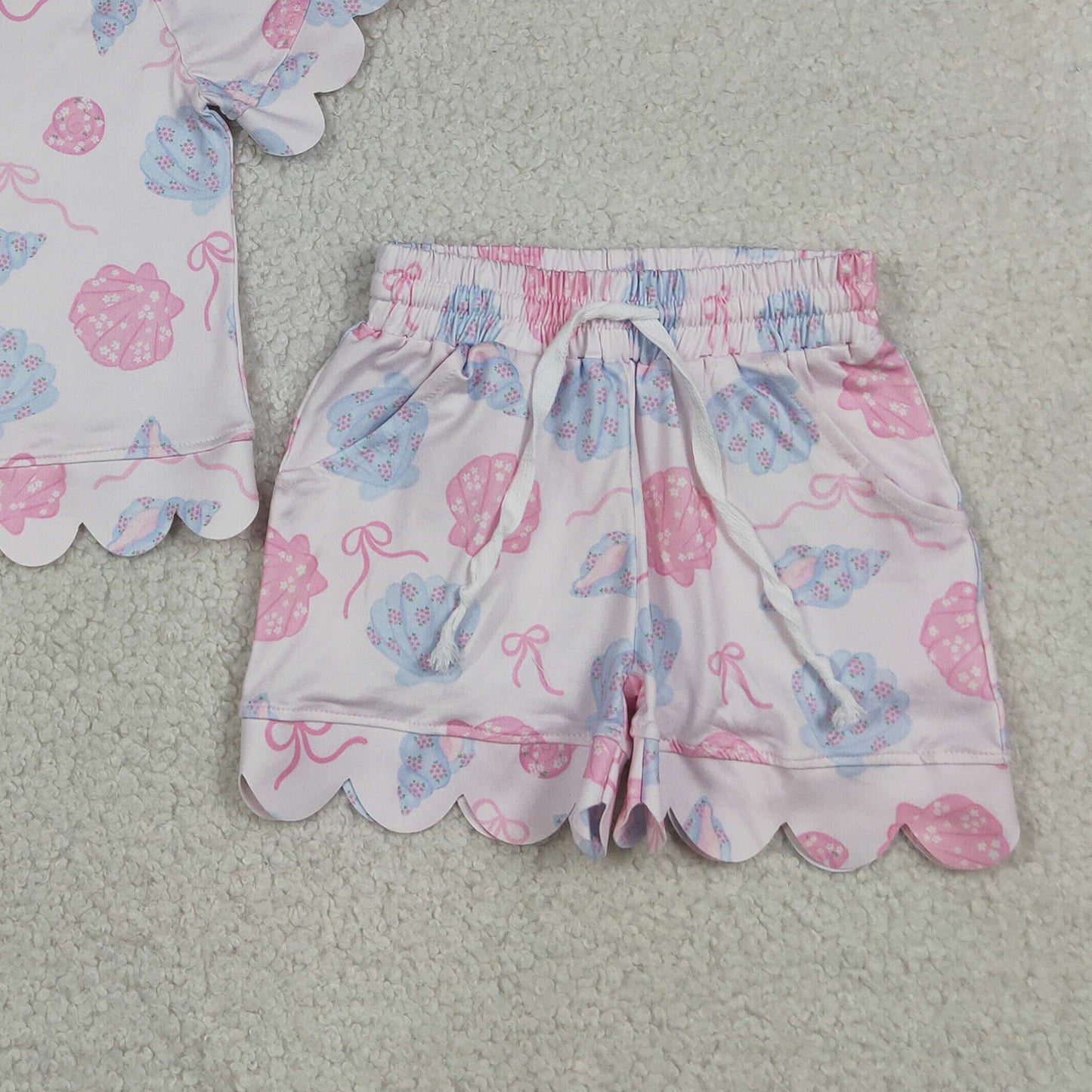GSSO3731 RTS NO MOQ （In stock）Short sleeves scallop shell bow girls summer outfits