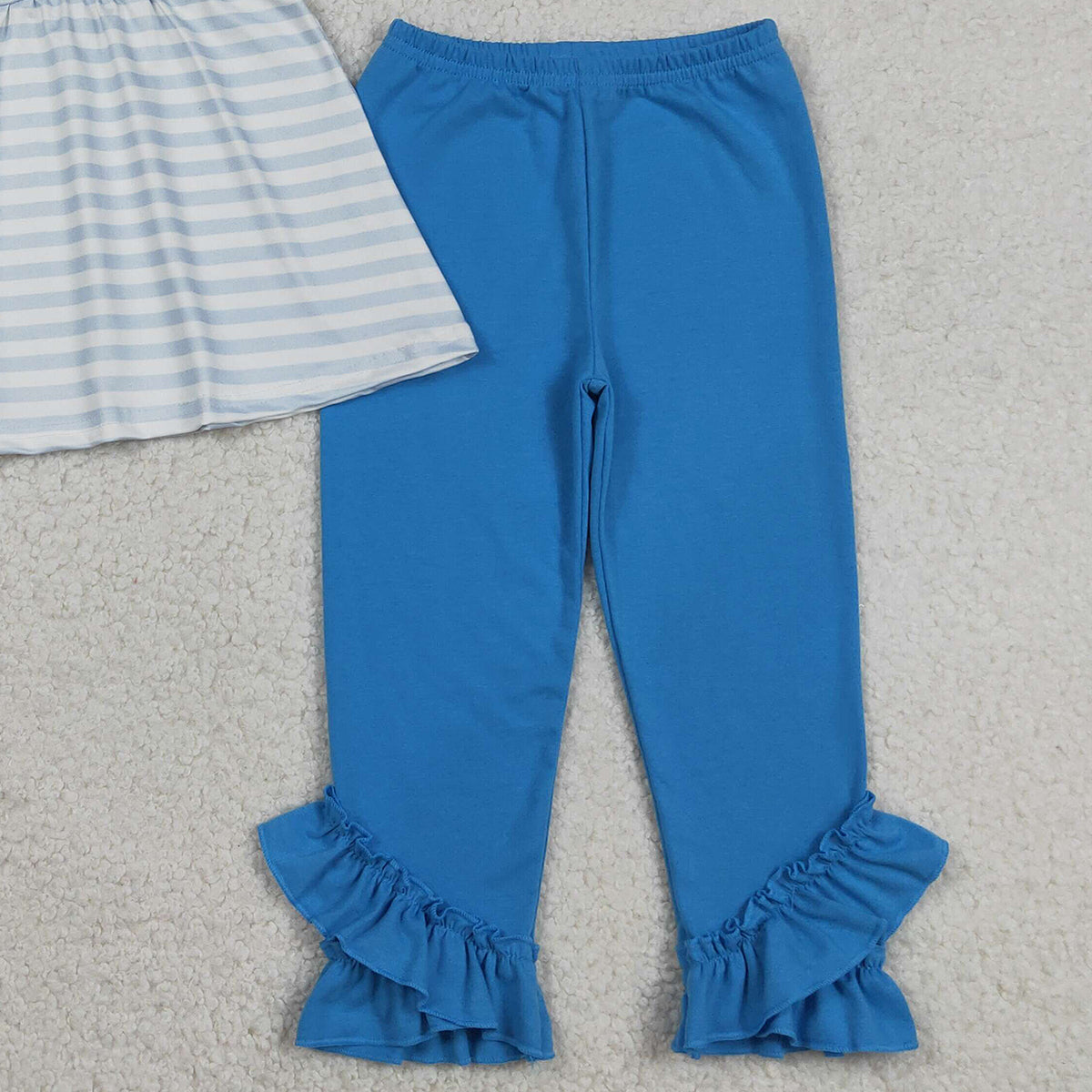 3.17 RTS NO MOQ （In stock）GSPO2136 Summer Baby Girls Blue Stripe Mr Reading Tunic Ruffle Pants Clothes Sets