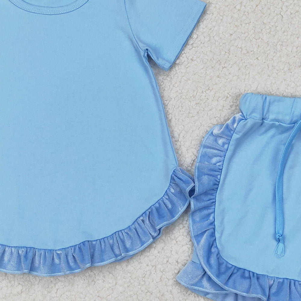 4.30 GSSO2183 RTS NO MOQ Baby Girls Blue Short Sleeves Tunic Ruffle Short Set