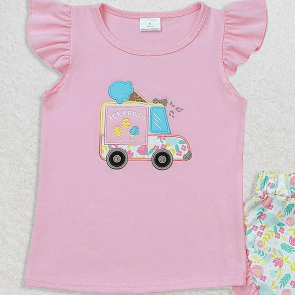 GSSO0644 RTS NO MOQ Baby Girls Summer Outfits Embroidered ice cream cart pink flying sleeves floral shorts set