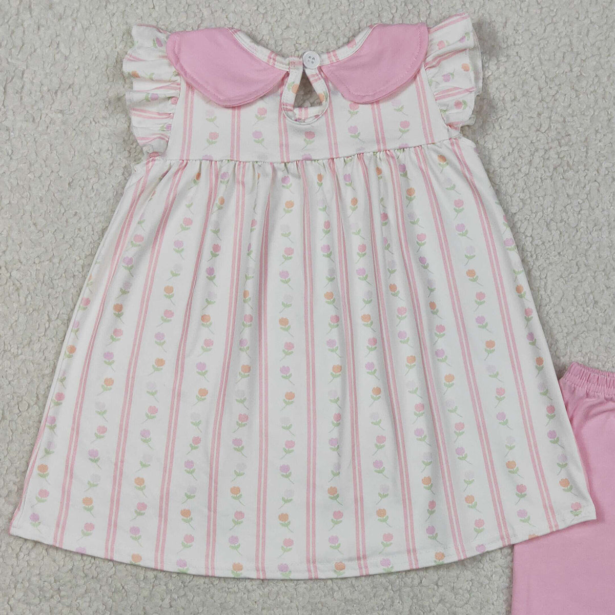 GSSO3363 RTS NO MOQ （In stock ）Flutter sleeves floral tunic pink ruffle shorts girls outfits
