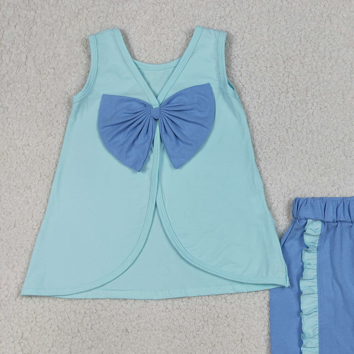 4.1 RTS NO MOQ （In stock）GSSO3463 Sleeveless bow tunic blue shorts girls summer outfits