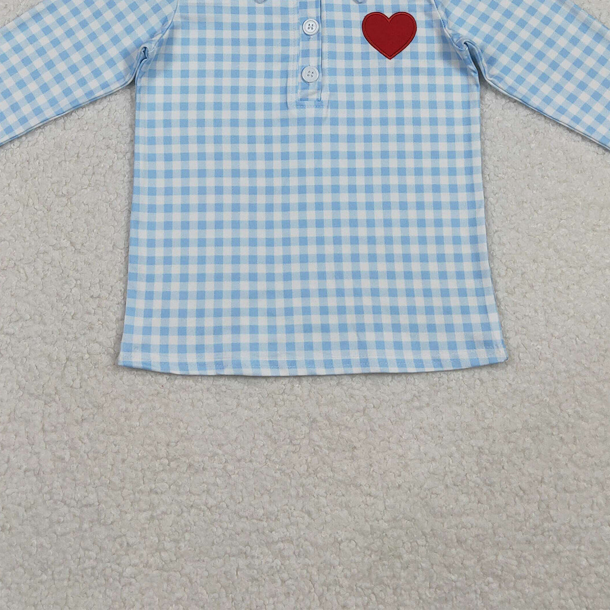 10.28 RTS NO MOQ （In stock）BT1386 Embroidery Hearts Baby Boys Blue Checked Valentine Polo Shirts Top
