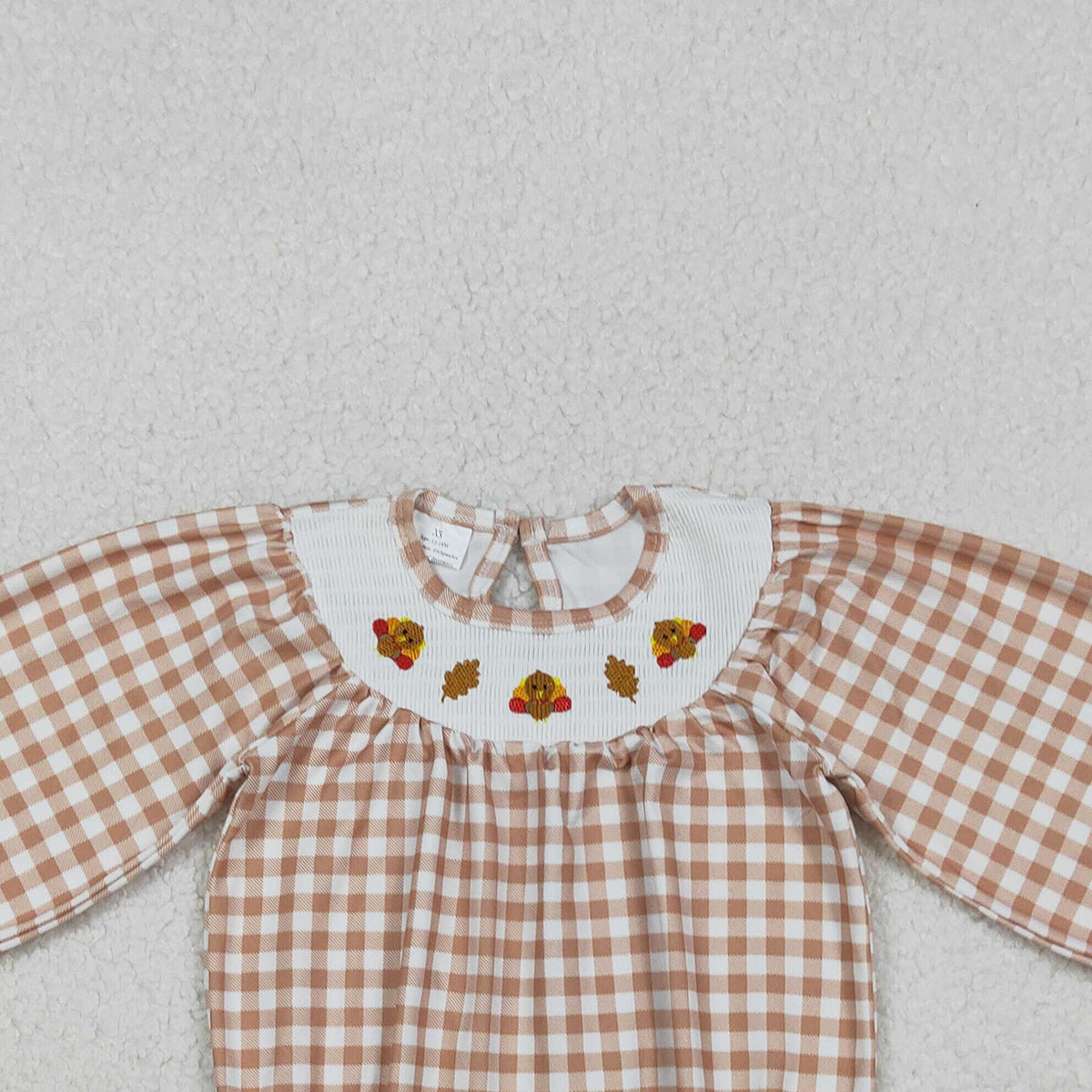10.27 RTS NO MOQ （In stock）LR2205 Baby Girls Winter Rompers Smocked Turkey Leaves Baby Girls Khaki Checked Thanksgiving Ruffle Rompers