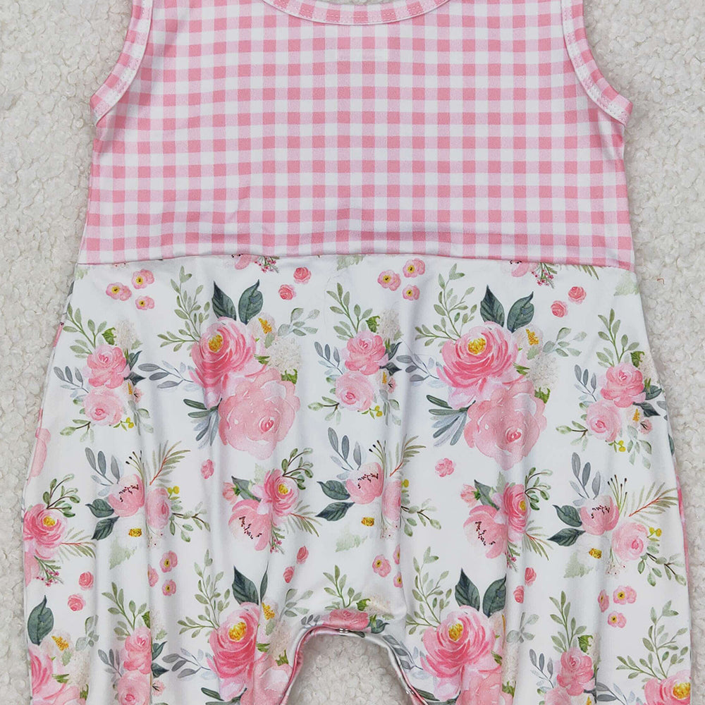 4.30 SR2678 RTS NO MOQ Sleeveless pink plaid floral baby girls summer romper