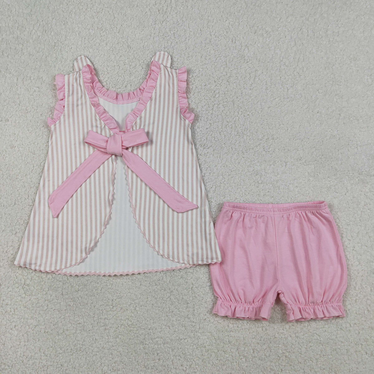 3.27 RTS NO MOQ （In stock）GSSO2924 Kids Clothing for Baby Girls Sleeveless Embroidery Rabbits Back Bows Stripe Tunic Ruffle Shorts Easter Sets