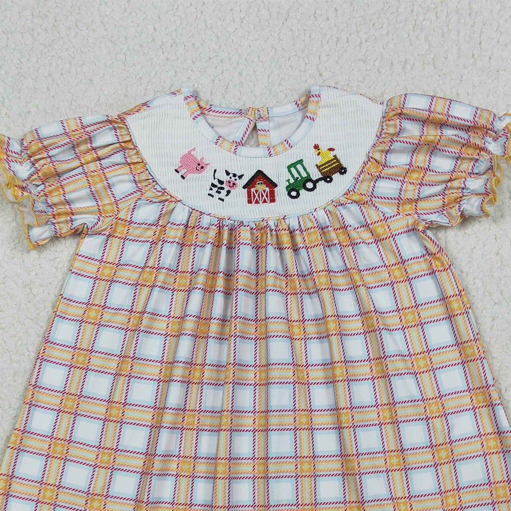 RTS NO MOQ （In stock） GSD2276 Baby Girls Summer Dress Cow tractor plaid short sleeves farm girls dresses