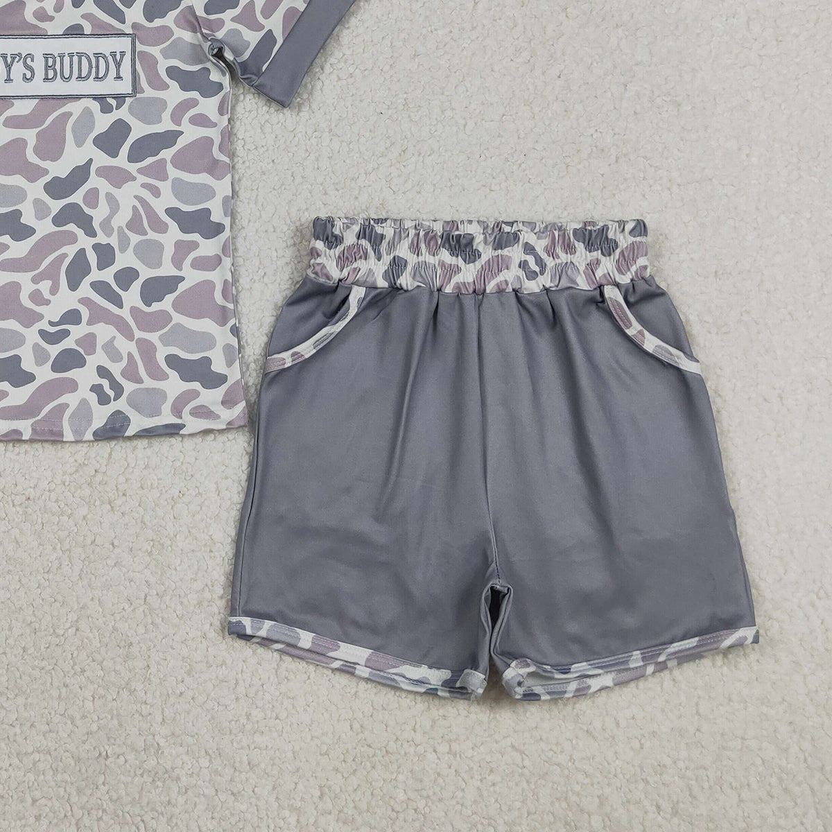 BSSO1838 RTS NO MOQ （In stock ）Grey camo daddy's buddy top shorts boys clothing set