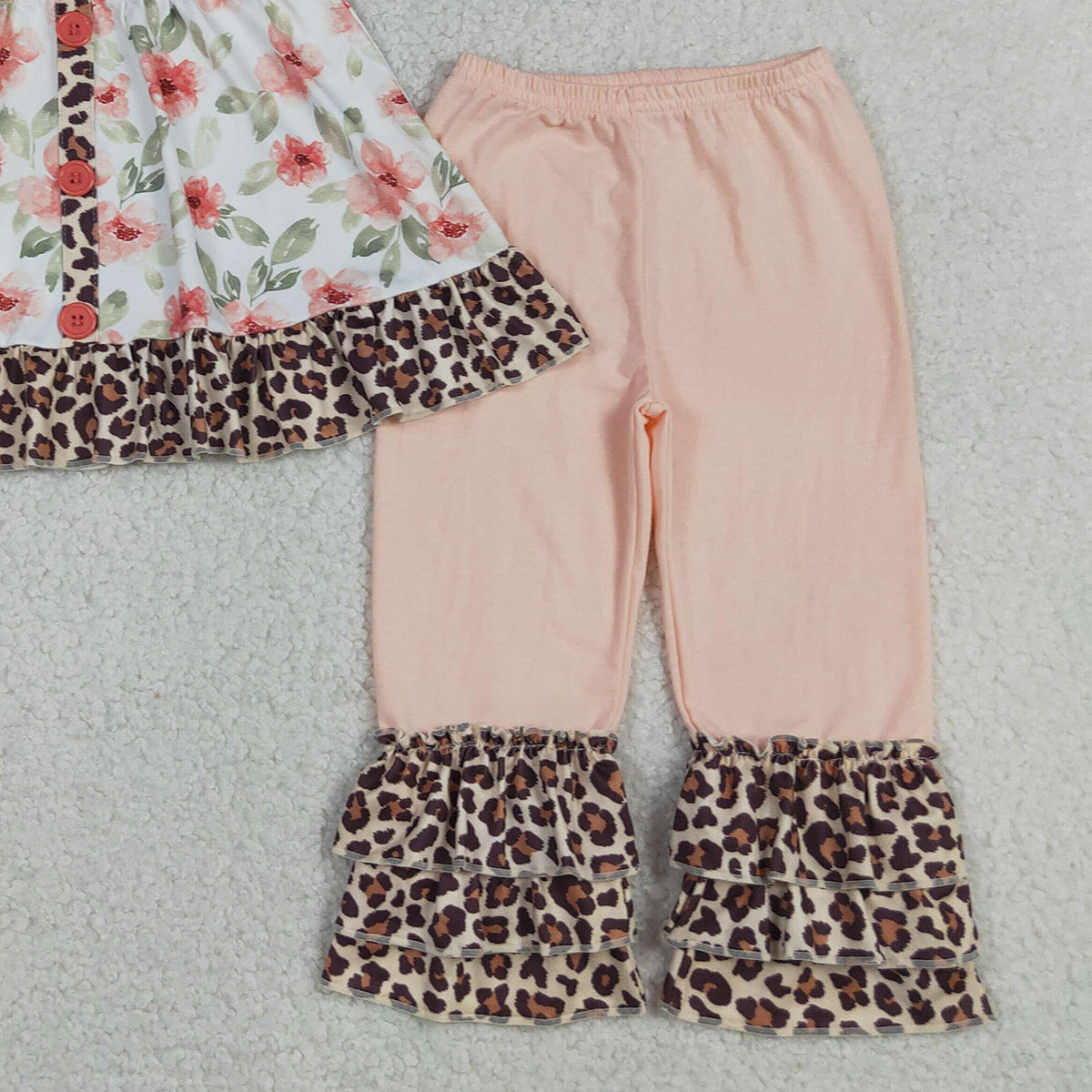 4.15 GSPO1044 RTS NO MOQ （In stock ）Short sleeves floral leopard tunic ruffle pants girls clothing