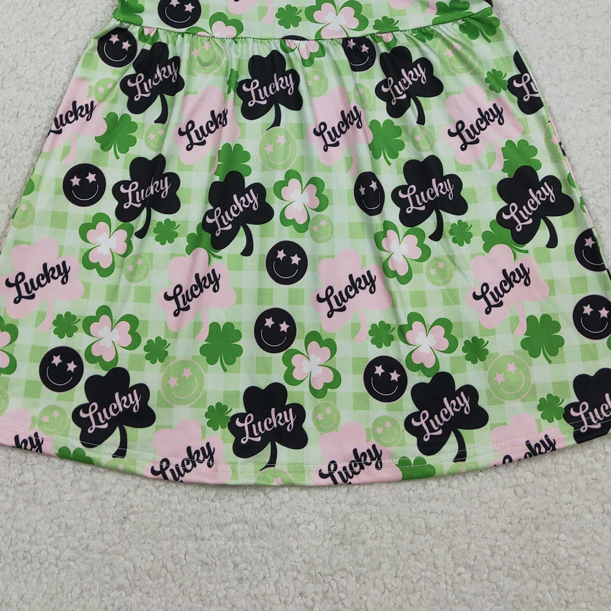 1.31 RTS NO MOQ （In stock）GSD2840 Baby Girls Green Checked Clovers Lucky St Patrick Knee Length Dresses