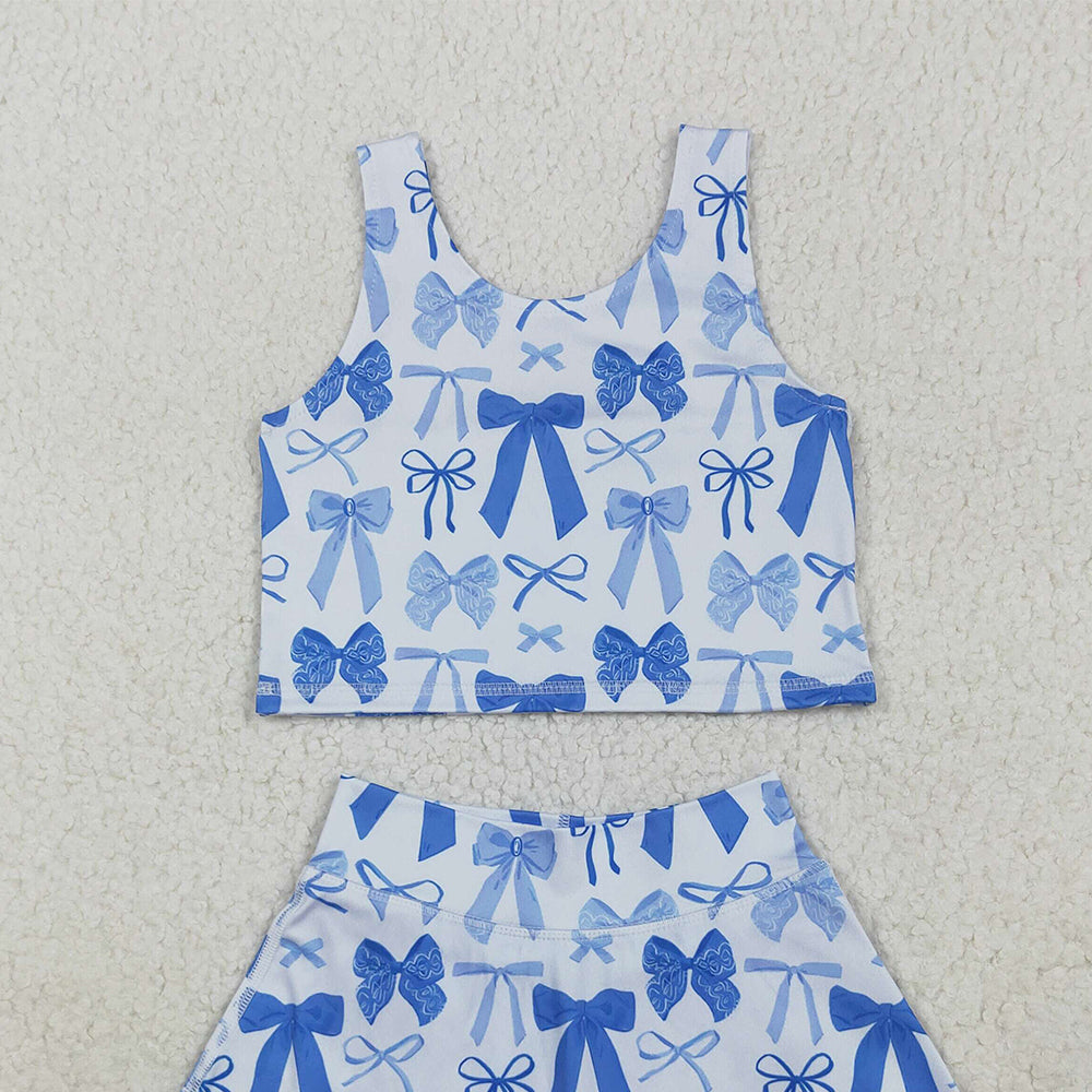 RTS NO MOQ （In stock）GSD2640 Baby Girls Yoga Outfits Baby Girls Sleeveless Blue Bows Vest Top Short Skirts Yoga Sets