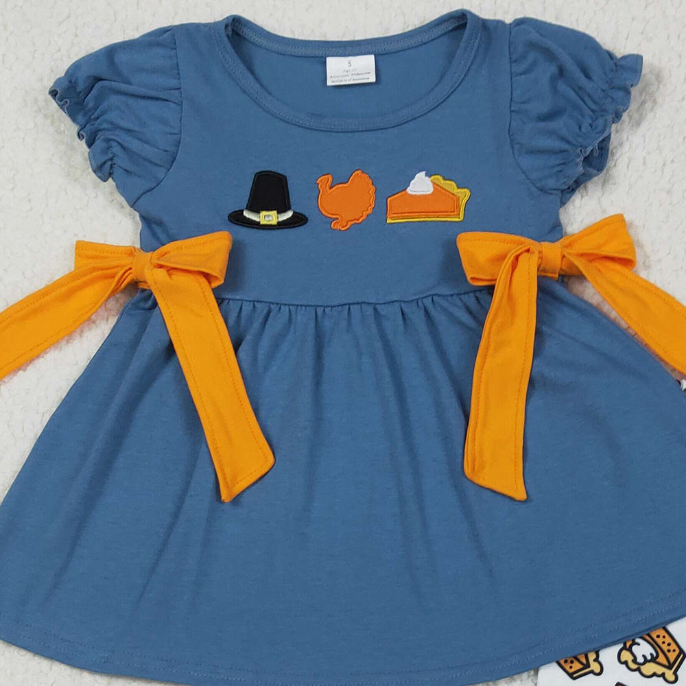 RTS NO MOQ （In stock） GSPO2028 Baby Girl Autumn Outfits Embroidery Baby Girls Navy Thanksgiving Turkey Tunic Ruffle Pants Sets