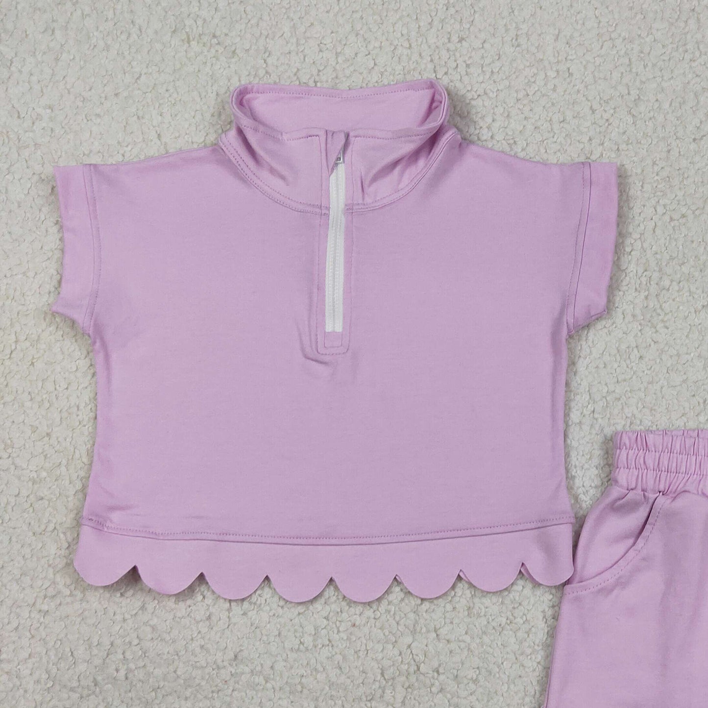 GSSO3378  RTS NO MOQ （In stock Baby Girls Summer Fashion Short Sleeve Purple Zipper Scallop Pullover Top Pockets Short Checked Set