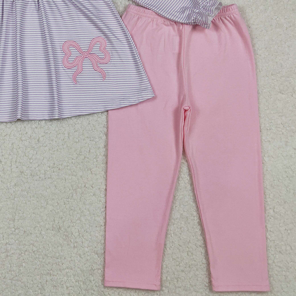10.10 RTS NO MOQ （In stock）GLP2696 Baby Girls Winter Outfits Embroidery Baby Girls Lavender Stripe Bows Tunic Legging Pant Set