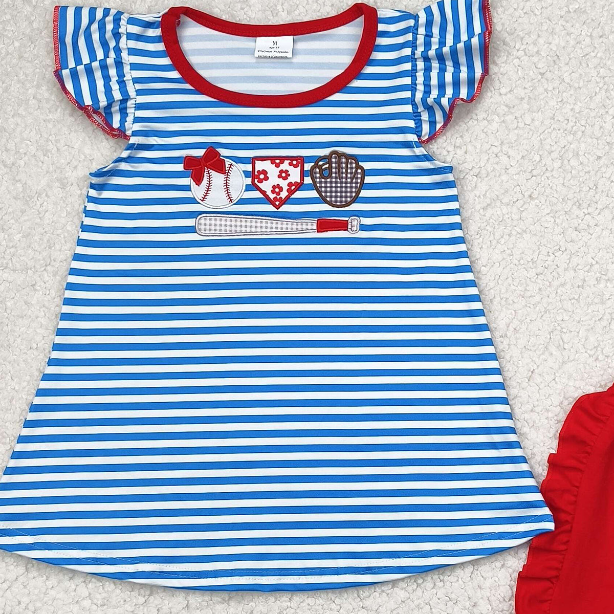 GSSO2348 RTS NO MOQ Baby Girls Summer Outfits  Blue stripe baseball top red ruffle shorts girls clothes