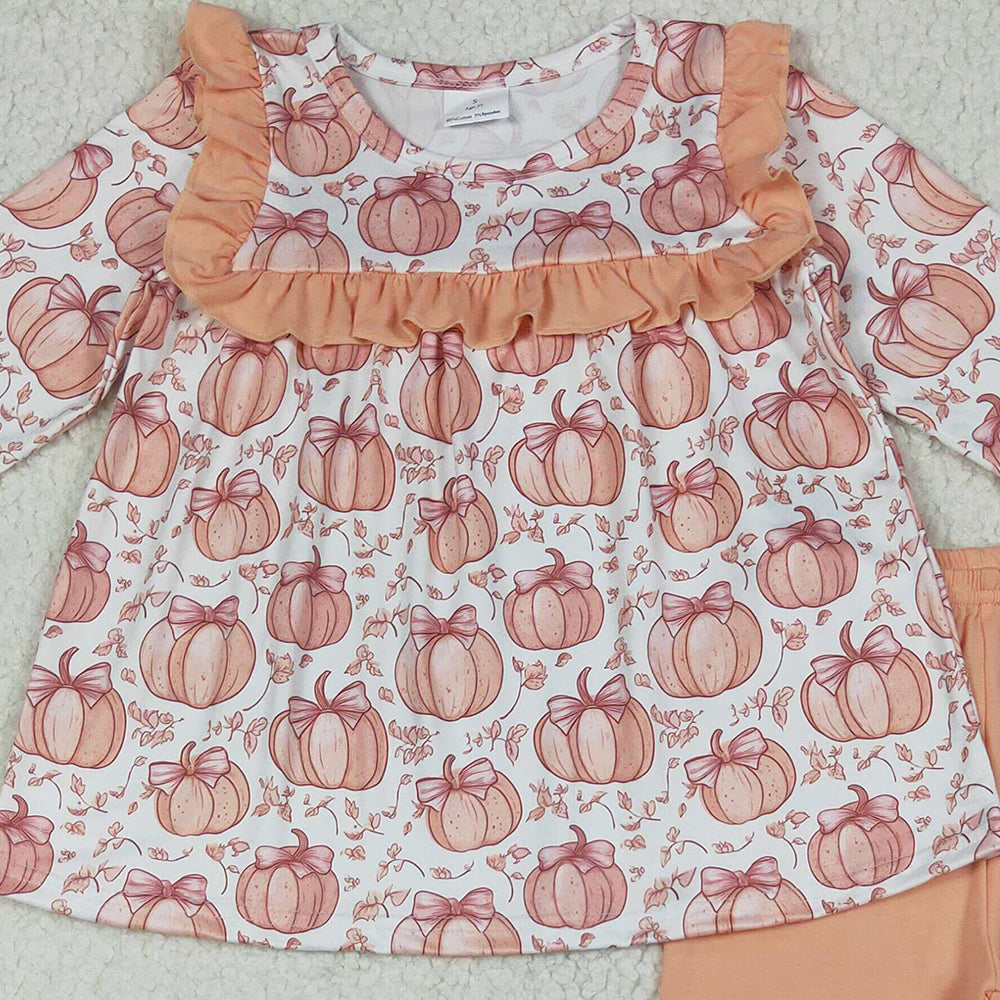 RTS NO MOQ （In stock） GLP2452  Baby Girls Winter Outfits Baby Girls Fall Bow Pumpkins Tunic Ruffle Pants Clothes Sets