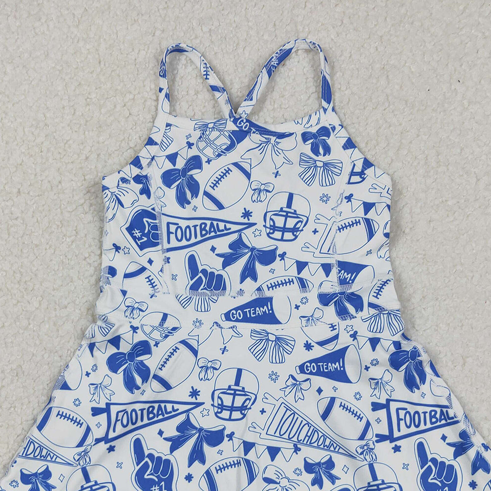 RTS NO MOQ （In stock）GSD2778 Baby Girls Summer Yoga Dress Blue Bow Straps Athletic Football Girls Dress Girls' Straps Blue Bow Football Dress